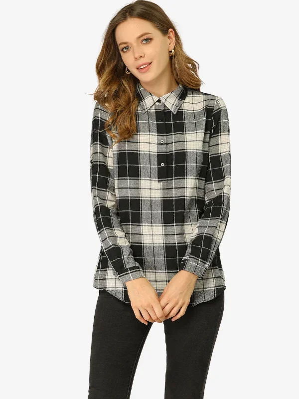 Plaid Shirt Point Collar Roll Up Long Sleeve Tunic Blouse