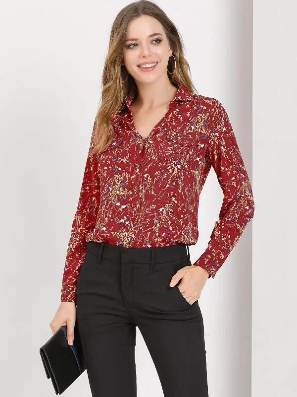 Elegant V-Neck Shirt Floral Faux Pocket Long Sleeve Blouse