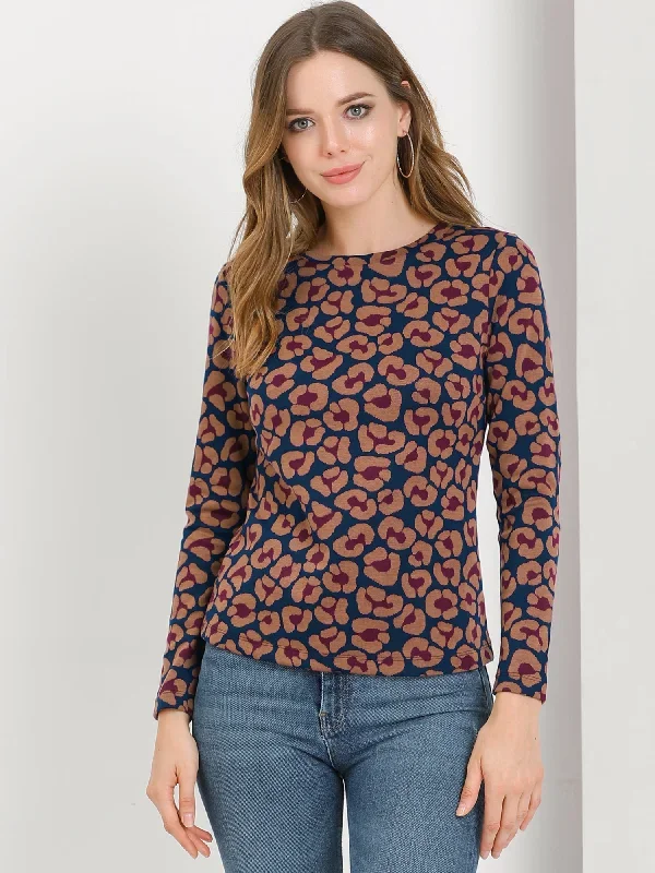 Leopard Animal Round Neck Long Sleeve Knit Pullover Shirt