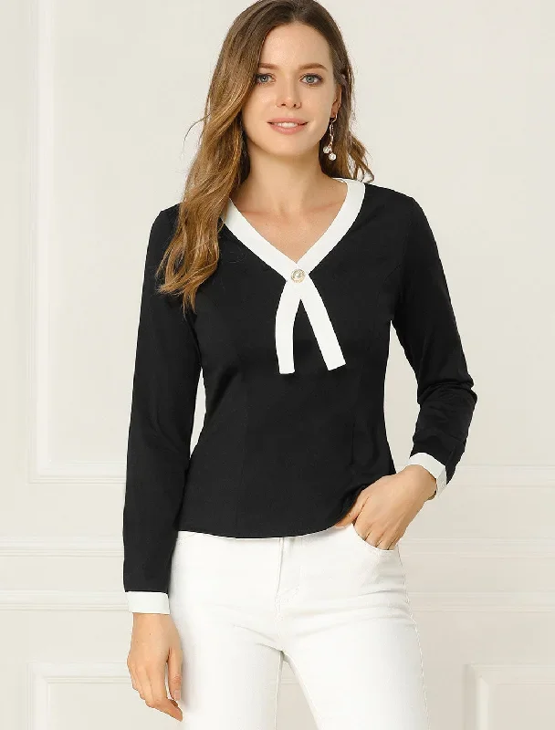 Contrast Trim V Neck Long Sleeve Casual Office Blouse Top