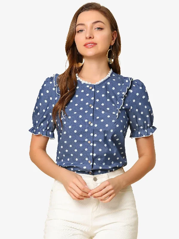 Chambray Blouse Polka Dots Puff Short Sleeve Elegant Shirt Tops