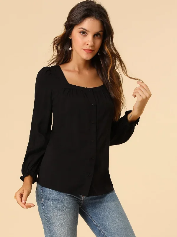 Button Down Puff Sleeve Elastic Cuff Square Neck Blouse