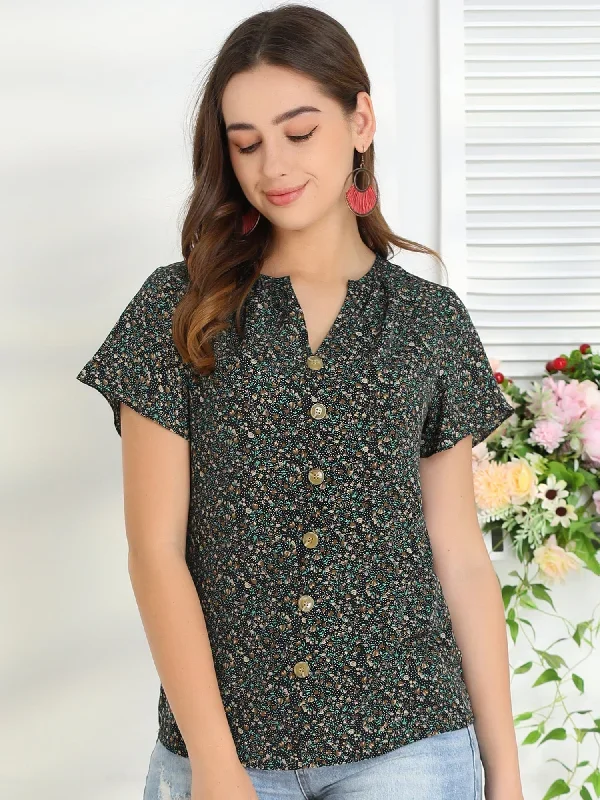 Summer Flutter Sleeve Tops V-Neck Button Front Ditsy Floral Blouse