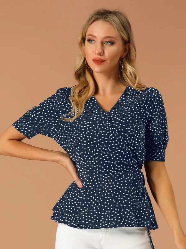 V Neck Polka Dots Blouse Short Sleeve Wrap Peplum Top