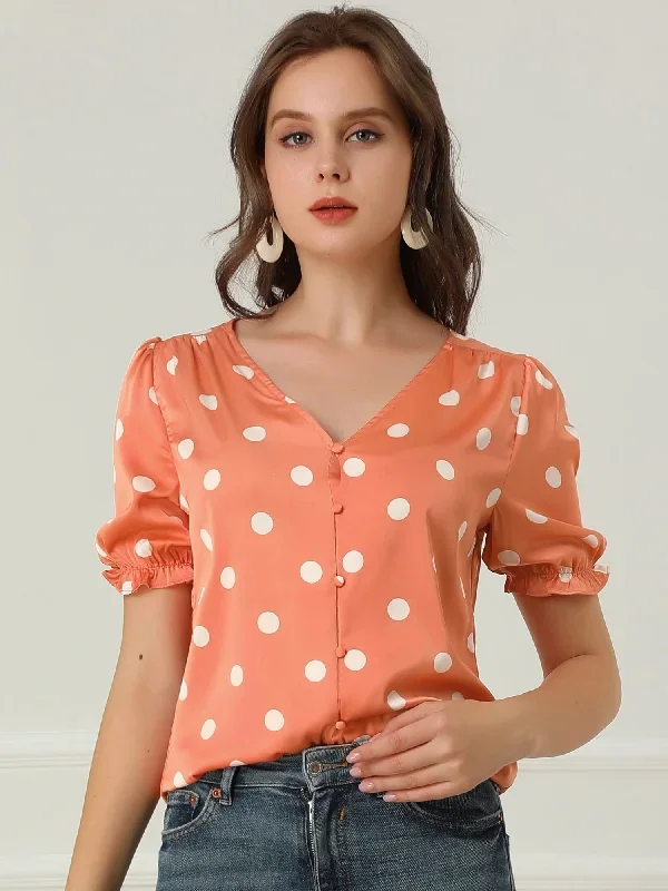 Summer V Neck Polka Dots Button Front Short Sleeve Satin Blouse Top