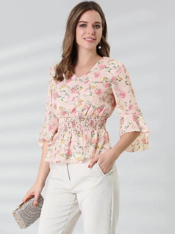 Floral Blouse V-Neck Flare Sleeve Smocked Waist Peplum Top