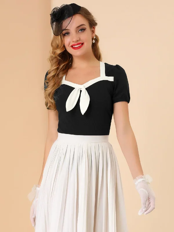 Retro Sweetheart Neck Bow Tie Contrast Trim Short Sleeve Blouse