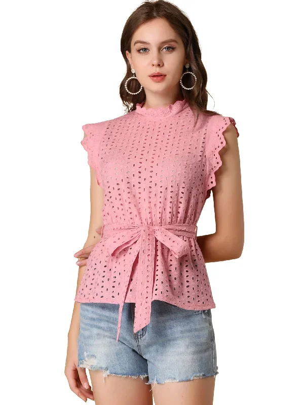 Ruffle Cap Sleeve Frill Neck Eyelet Tie Waist Peplum Top