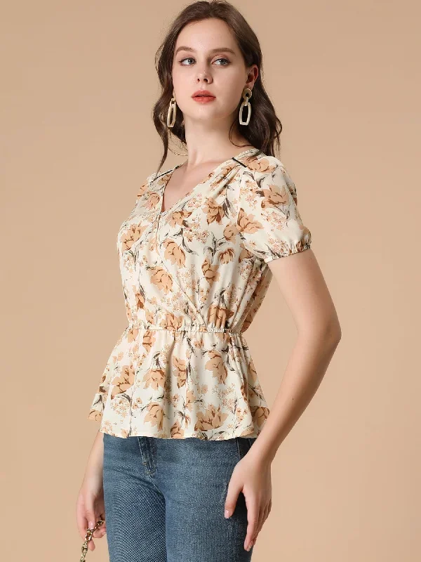 Floral Wrap Cross V Neck Elastic Waist Peplum Blouse Top