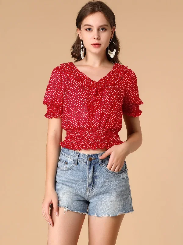 Ruffle V Neck Short Sleeve Heart Print Smocked Chiffon Blouse