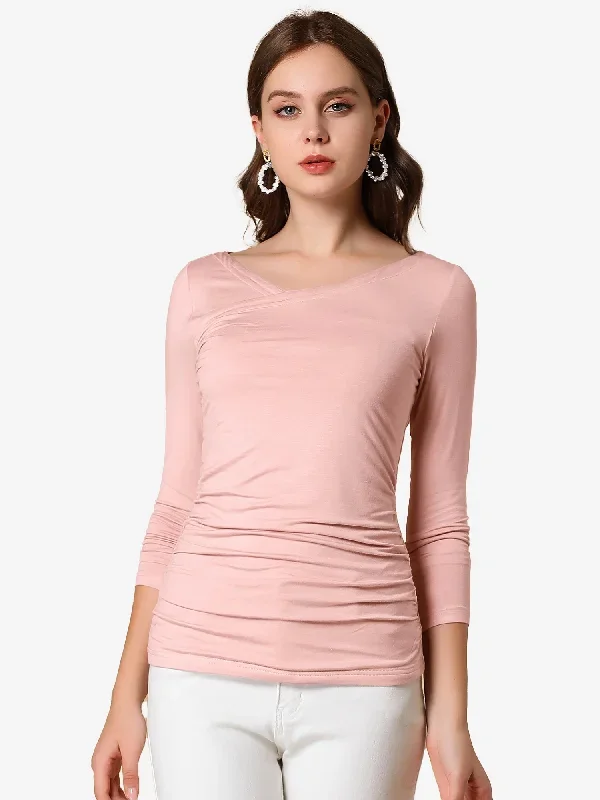 V Neck Ruched Stretchy Long Sleeve Pleated Slim Fit Top Blouse