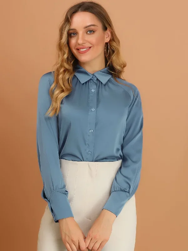 Satin Pleated Long Sleeve Collar Button Down Shirt