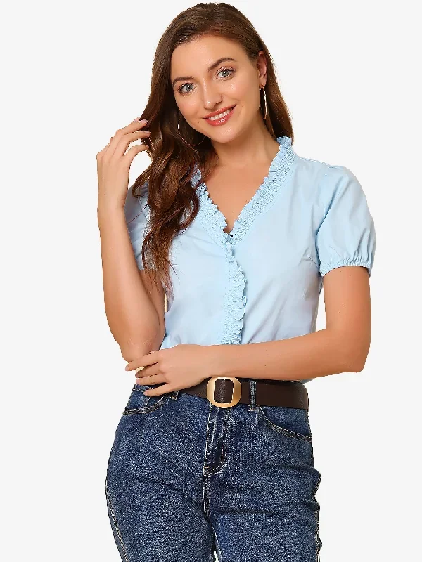 Summer Cute Ruffle Blouse Cotton Slim Fit Short Sleeve Top