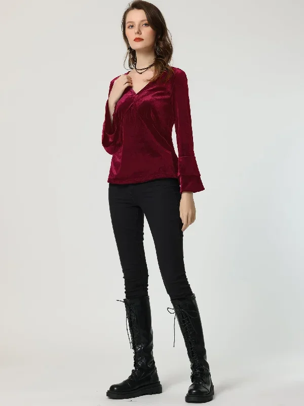 V Neck Velvet Blouse Flare Long Sleeve Peplum Top