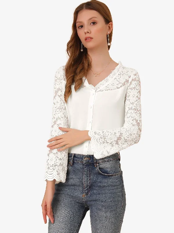 Chiffon Lace Panel Long Sleeve V Neck Button-Down Blouse