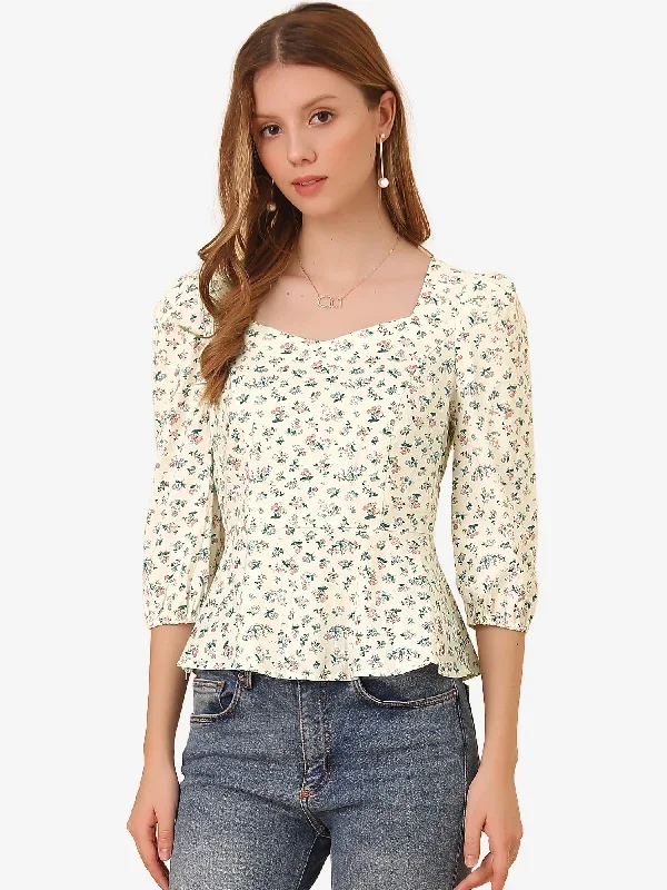 Sweetheart Neck Puff Sleeve 3/4 Sleeve Cotton Floral Blouse