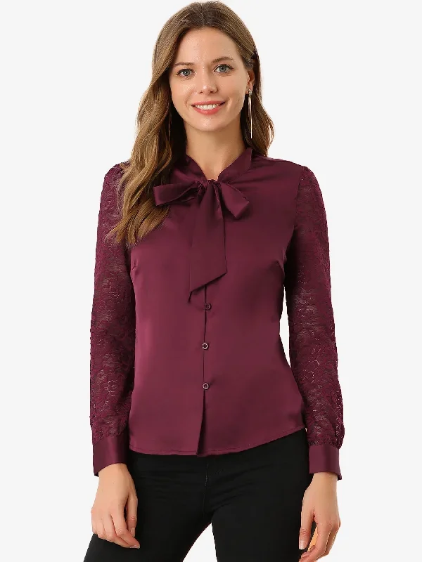 Elegant Tie Neck Office Long Sleeve Lace Satin Blouse Shirt