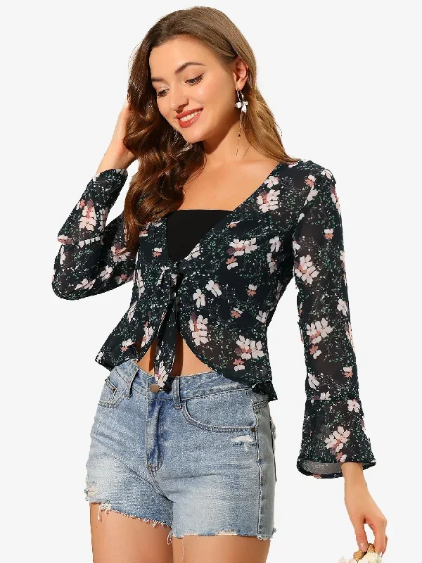 Floral Elegant Semi Sheer Tie Front Bolero Chiffon Shrug Top