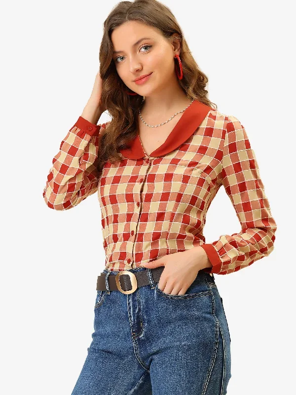 Vintage Plaid Shirt Contrast Collar Button Down Top