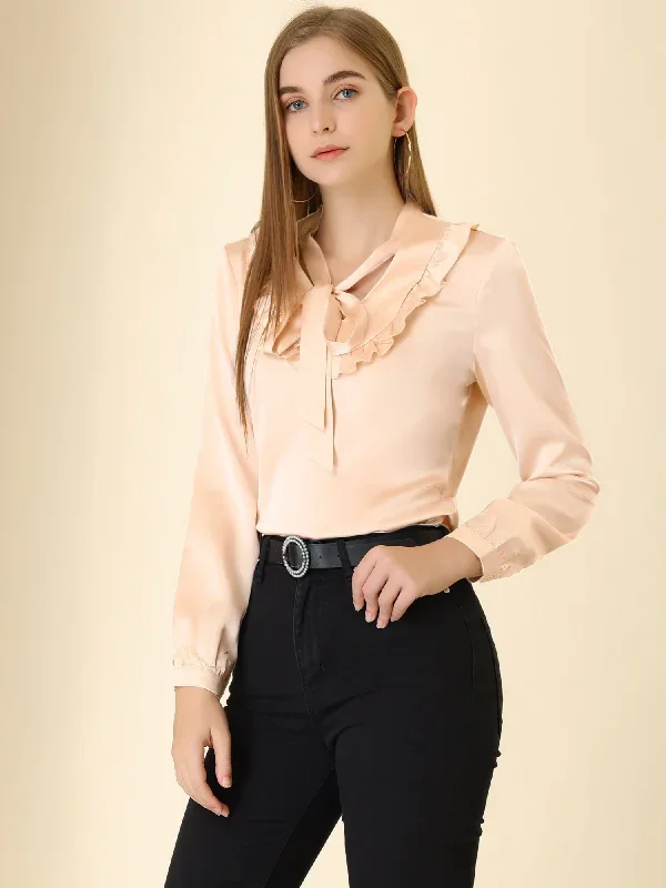 Tie Neck Top Ruffled Long Sleeve Work Office Satin Blouse