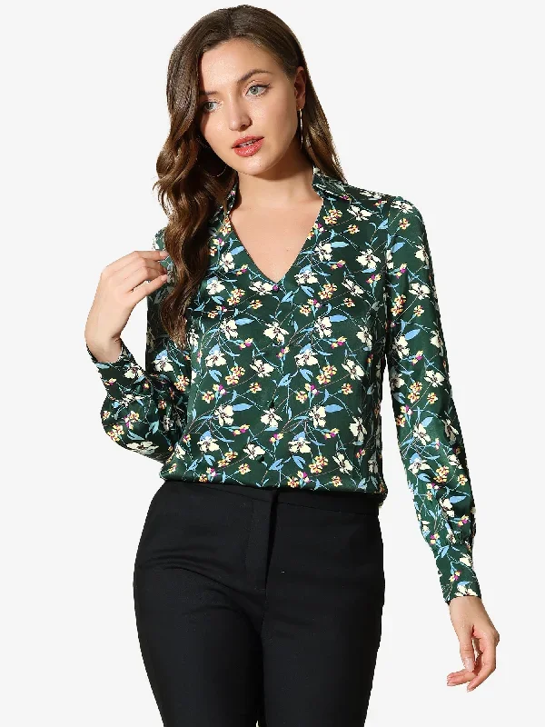 Casual V Neck Long Sleeve Collared Button Decor Floral Blouse