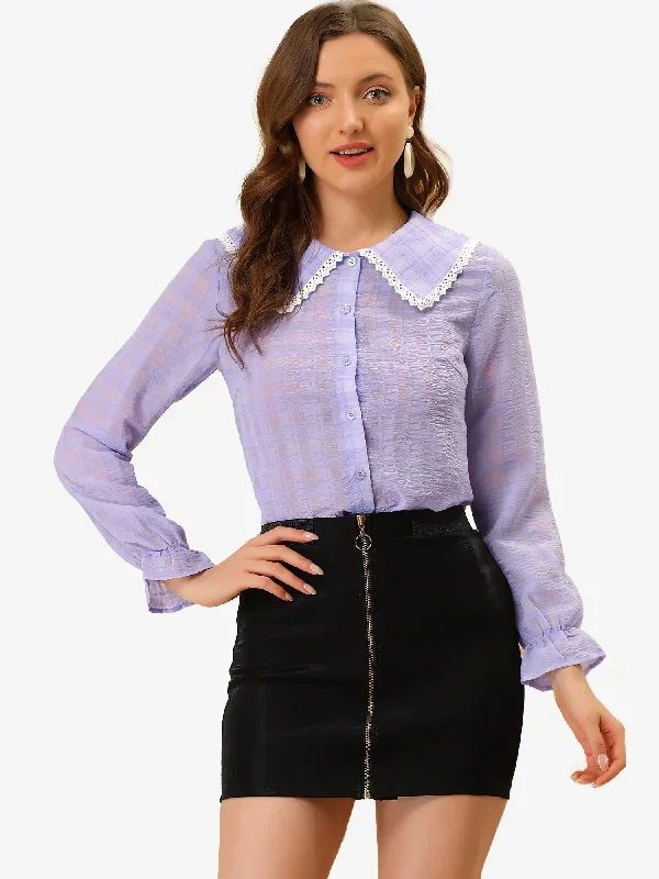 Contrast Peter Pan Collar Long Sleeve Textured Gingham Blouse