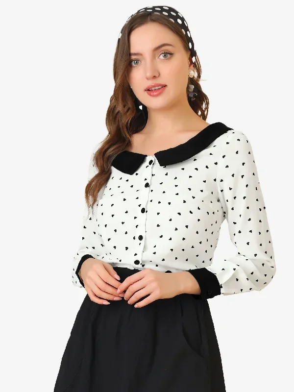 Long Sleeve Tops Heart Print Contras Boat Neck Button Up Shirt