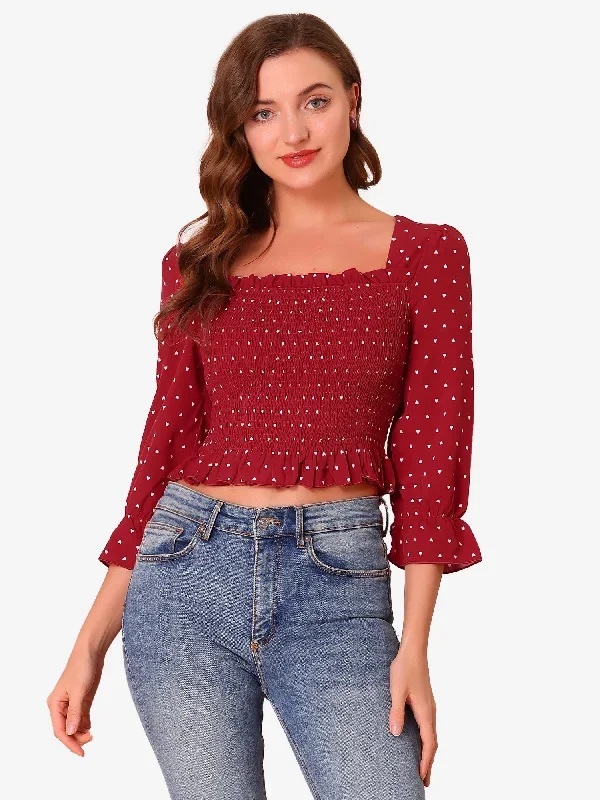 Square Neck Heart Print Blouse Ruffle Hem Smocked Crop Top