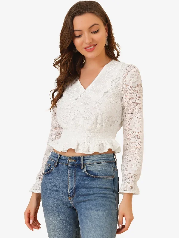 Peter Pan Collar Smocked Waist Ruffled Trim Floral Lace Crop Top