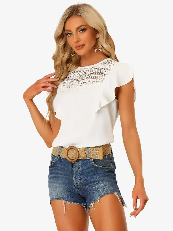 Summer Casual Boho Shirt Flare Sleeve Lace Insert Round Neck Top