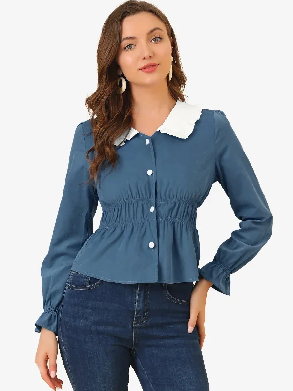 Contrast Ruffle Peter Pan Collar Smocked Waist Blouse