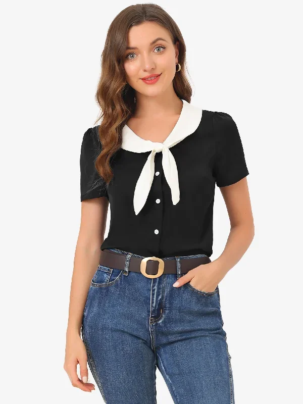 Bow Tie Neck Blouse Contrast Collar Short Sleeve Button Up Shirt