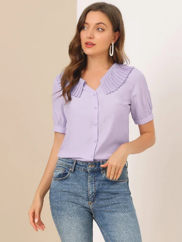 Peasant Top Pleated Collar Button Short Sleeve Shirt