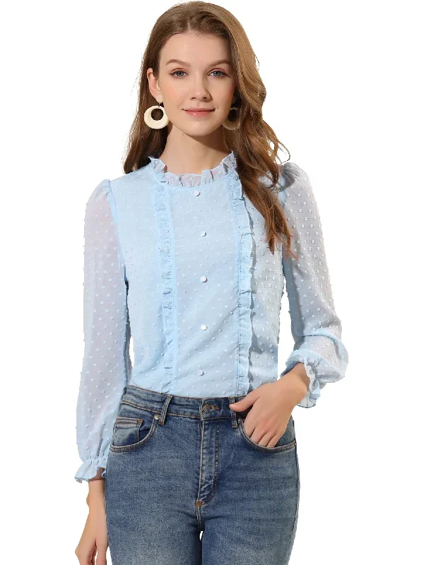 Swiss Dot Crew Neck Puff Mesh Panel Sleeve Work Ruffle Blouse