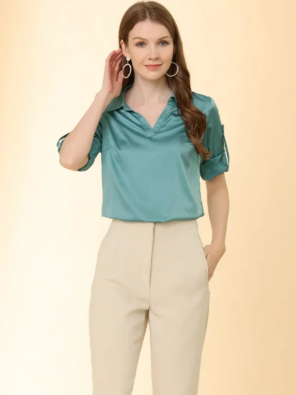 Elegant Satin Blouse Roll Up 3/4 Sleeve V Neck Casual Work Shirt Top