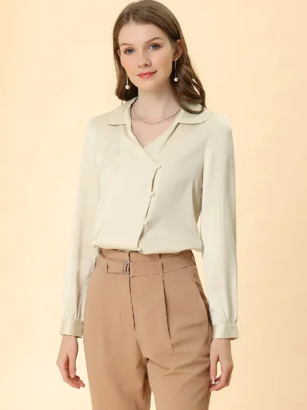 Satin Long Sleeve Lapel V-neck Elegant Office Work Shirt