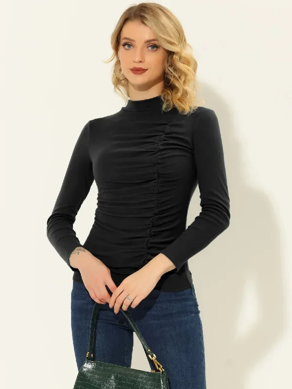 Long Sleeve High Mock Neck Ruched Front Fitted Blouse