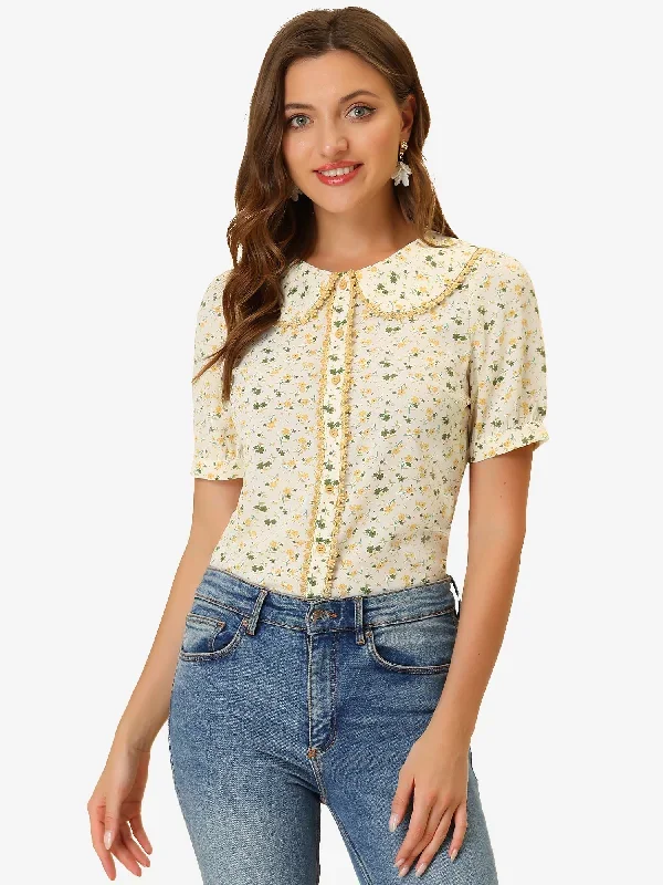 Floral Blouse Peter Pan Collar Lace Trim Button Down Shirt