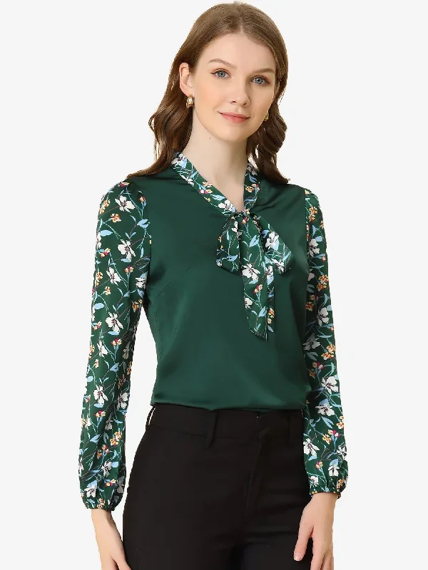 Allegra K Satin Contrast Floral Panel Bow Tie Long Sleeve Work Blouse