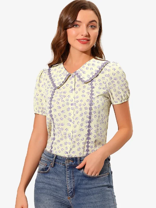 Button Down Tops 1950s Peter Pan Collar Floral Blouse