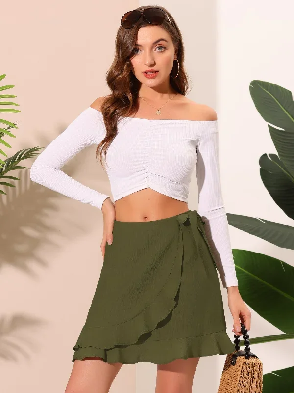 Allegra K High Waist Solid Summer Ruffle Hem Tie Wrap Skirt