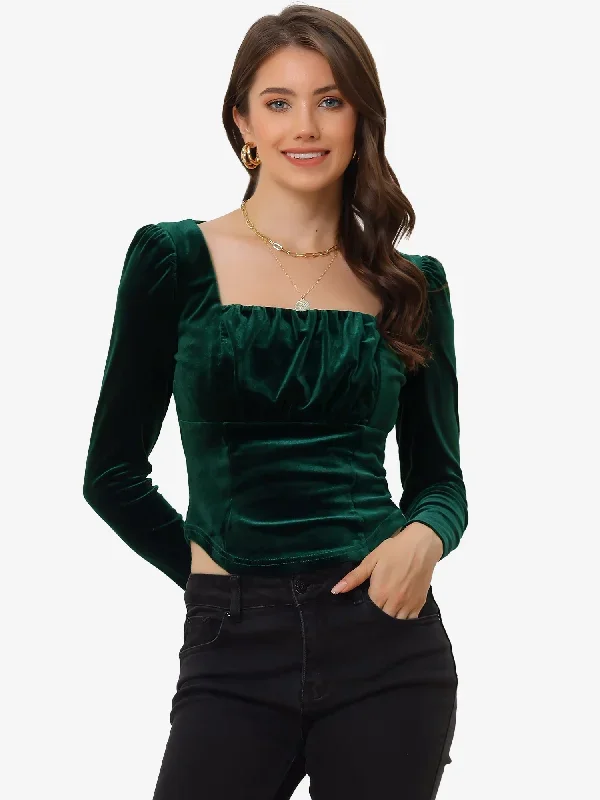 Velvet Cropped Long Sleeve Party Square Neck Top Blouse