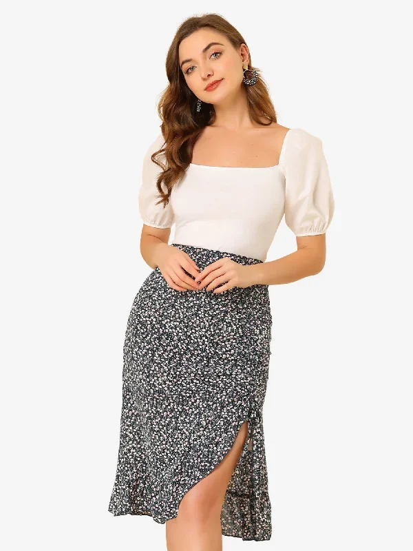 Ruched Side Asymmetrical Hem Knee Length Floral Skirt