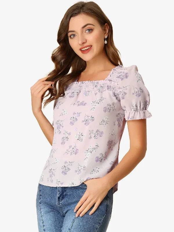 Square Neck Puff Short Sleeve Ruched Front Ruffle Floral Blouse Top