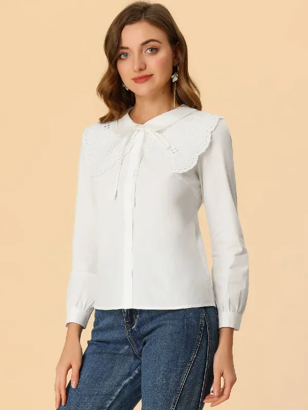 Long Sleeve Decorative Lace Faux Collar Button Down Shirt