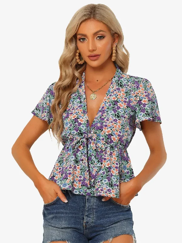 Tie Front Tops Deep V Neck Flared Short Sleeve Floral Peplum Top