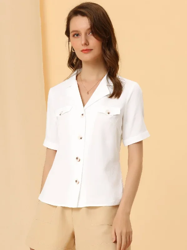 Button Down Summer Lapel V Neck Short Sleeve Work Shirt