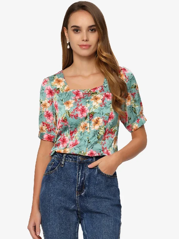 Satin Floral Top Button Down Hawaiian Square Neck Blouse