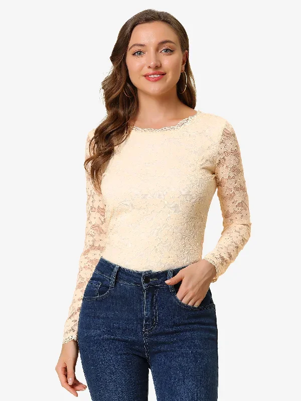 Crew Neck Sheer Long Sleeve Flower Embroidery Lace Blouse