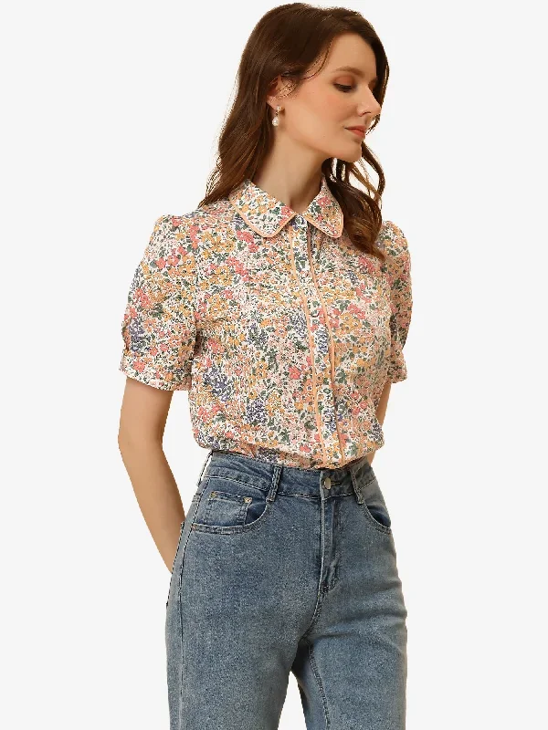 Peter Pan Collar Contrast Trim Puff Sleeve Peasant Floral Blouse